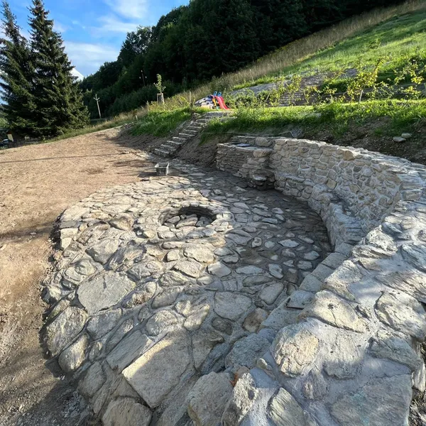 Stone fire pit with seating in the garden